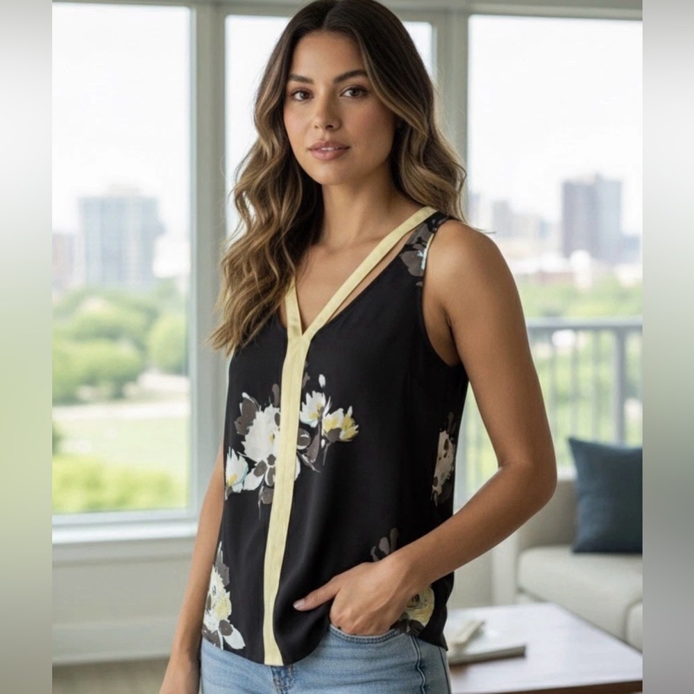 Candie's Black Floral V-Neck Sleeveless Top with Yellow Trim